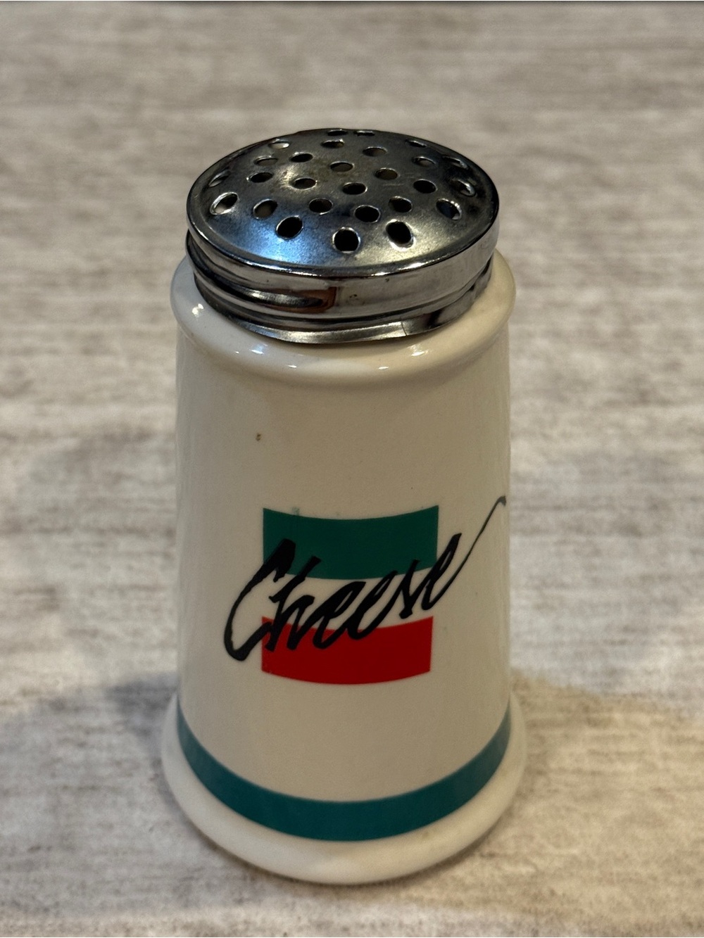 Vintage Ceramic Cheese Shaker with Teal and Red Accents